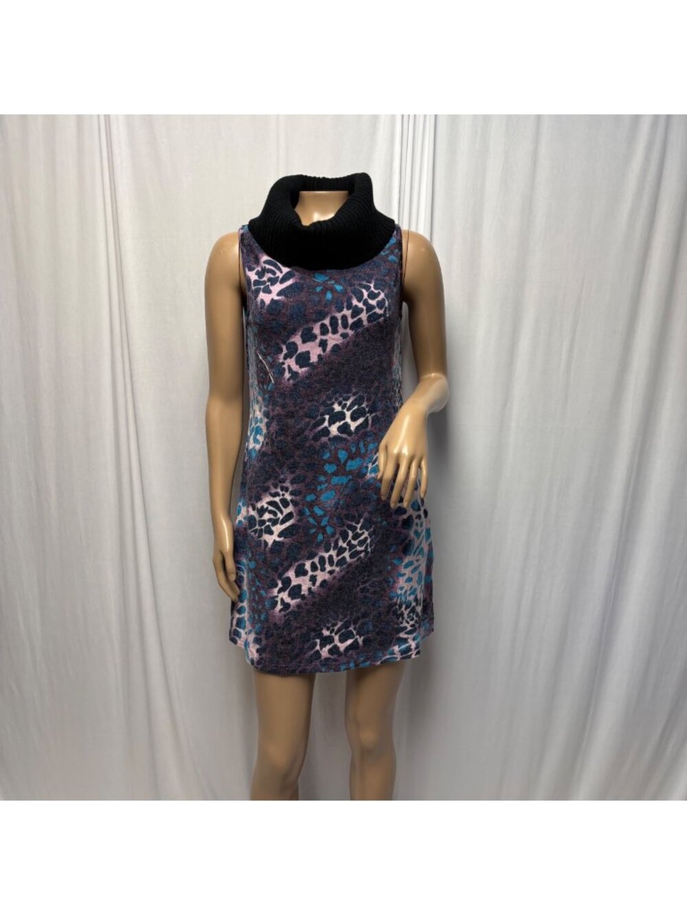 24Seven Comfort Sweater Dress Size Medium Purple Blue Leopard Black Cowl Neck